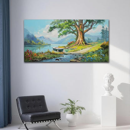 Anolyfi Lake Canvas Wall Art Landscape Painting, Green Tree and Boat Nature Print Wall Art Decor Mountain Artwork Framed for Living Room Bedroom Dining Room Office Home Decor 40"x20"