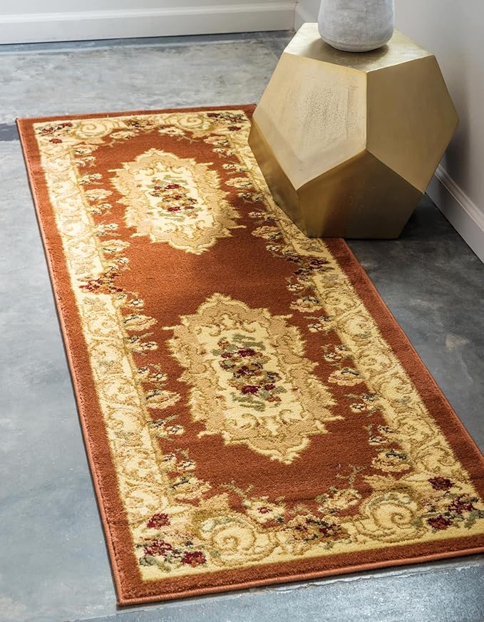 Rugs.com Chateau Collection Rug – 10 Ft Runner Brick Red Medium Rug Perfect for Hallways, Entryways