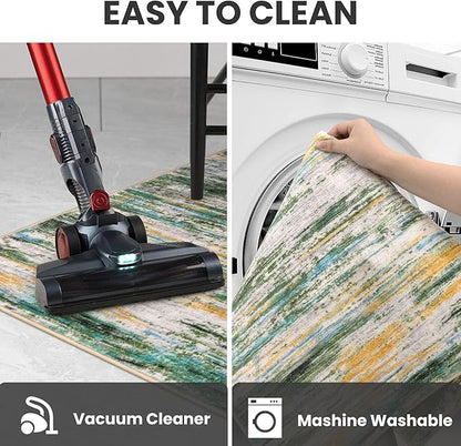 2x5 Modern Abstract Runner Rug for Hallway, Green Teal Orange Multi Super Soft Hallway Decor Kitchen Rugs with Non-Slip, Non-Shedding Washable Rug for Hallways Entryway Bedroom Laundry Indoor