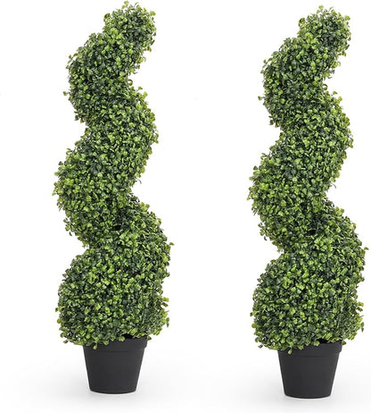 THE BLOOM TIMES 3ft Tall Spiral Topiary Trees Artificial Outdoor Set of 2, 36 Inch UV Resistant Large Faux Evergreen Fake Boxwood Plants for Front Porch Outside Planter Entryway Entrance Decor 3 Foot