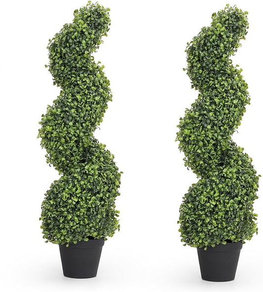 THE BLOOM TIMES 3ft Tall Spiral Topiary Trees Artificial Outdoor Set of 2, 36 Inch UV Resistant Large Faux Evergreen Fake Boxwood Plants for Front Porch Outside Planter Entryway Entrance Decor 3 Foot