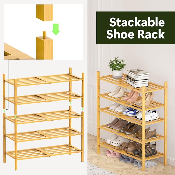 Bamboo Shoe Rack for Closet 2 Tier, Space-Saving Stackable Shoe Organizer for Entryway, Dorm, Garage, Natural