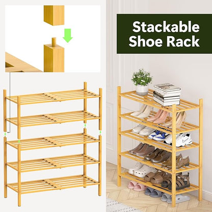 Bamboo Shoe Rack for Closet 3 Tier, Durable Wooden Shoe Rack, Space-Saving Stackable Shoe Organizer for Entryway, Dorm, Garage, Natural