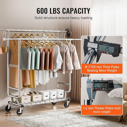 VEVOR Clothes Rack, Rolling Clothing Garment Rack, Extendable Carbon Steel Clothing Racks with Wheels for Bedroom, Laundry, Living Room