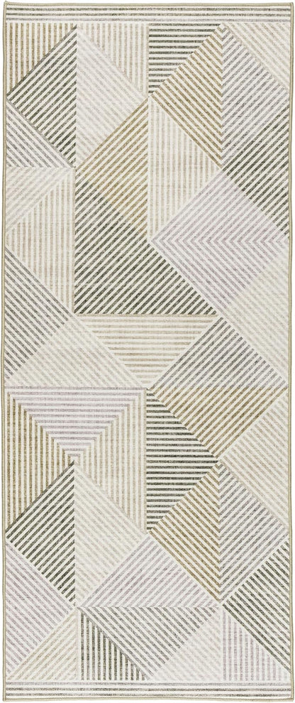 ReaLife Rugs Machine Washable Area Rug Runner - Living Room Bedroom Bathroom Kitchen Entryway Office - Padded Low Pile Stain Resistant Premium - Modern Geometric Contemporary - Miles - Beige 2'6"x8'