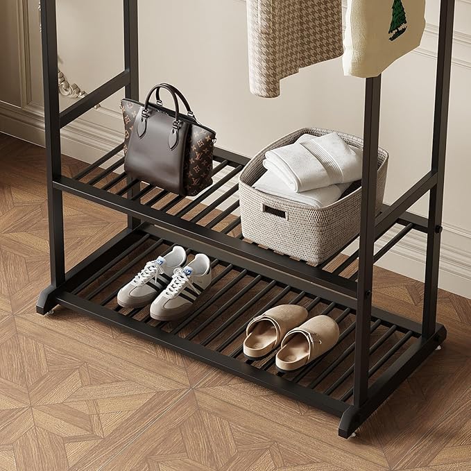 Black Clothing Rack,Heavy duty clothes rack with 2-tier Bottom Shelves, Garment Rack with 6 Side Hooks for Hanging Clothes, Coats, Shirts (black, 39.37in)