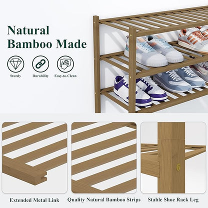 Smiry Shoe Rack, 4 Tier Thick Bamboo Shoe Organizer, Stackable Free Standing Wooden Shoe Storage Shelf for Closet, Entryway, Front Door Entrance, Walnut