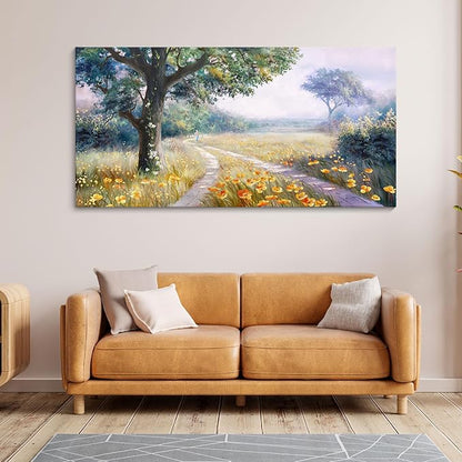 CHATYOUNG Large Landscape Wall Art, Spring Decor Rustic Wildflowers Way Home Wall Pictures, Farmhouse Meadow Painting Wall Art Prints For Living Room Bedroom Bathroom Kitchen Home Decor 29"X58"