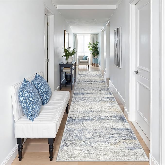 Long Hallway Runner Rug- Carpet Runners for Hallway 12ft, Anti Slip Backing Washable Rug Runner for Entrance, Living Room, Soft Low Pile Mordern Rug Runner(2'x12', Blue/Brown/Ivory)