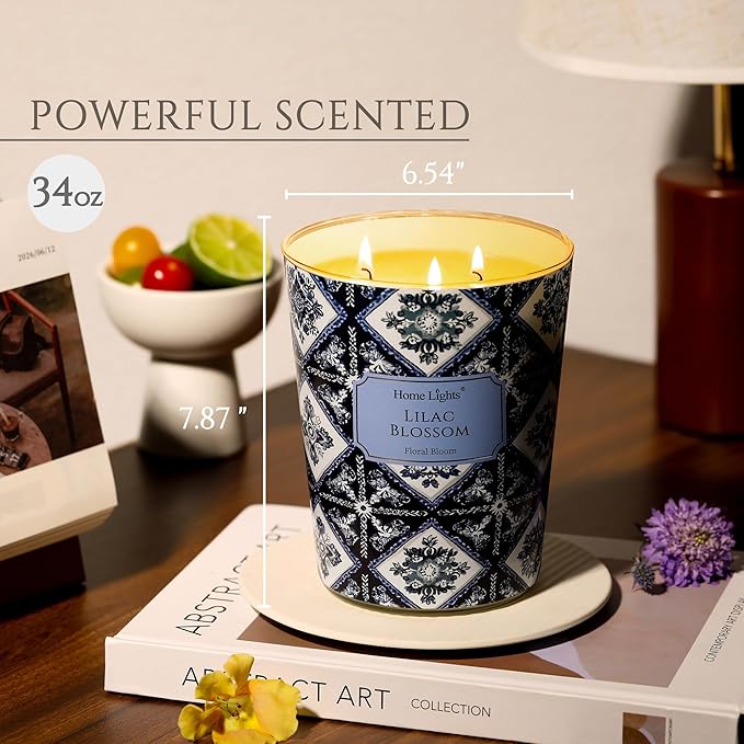 HomeLights Scented Candles | Large Jar 34 Oz Natural Soy Candle | 130 hrs Long-Lasting with 3 Wicks | Bohemian Natural for Home Decor | Gifts for Mom & Women, Lilac Blossom