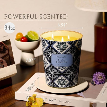 HomeLights Scented Candles | Large Jar 34 Oz Natural Soy Candle | 130 hrs Long-Lasting with 3 Wicks | Bohemian Natural for Home Decor | Gifts for Mom & Women, Lilac Blossom