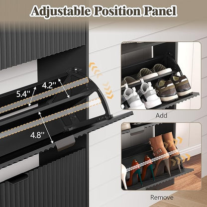 Shoe Cabinet Storage for Entryway with 4 Flip Drawers, Fluted Narrow Shoe Organizer with Wooden Legs & Top Cubby, Freestanding Slim Shoe Storage Hidden Shoe Rack for Front Door Entrance, Black