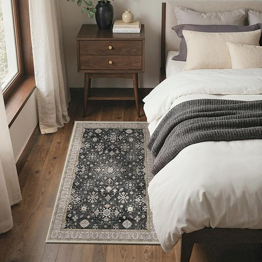 GENIMO 3x5 Area Rugs for Living Room,Machine Washable Non-Slip Vintage Rug, Low Pile Lightweight Carpet for Bedroom, Dining Room, Home Office, Stain & Fade Resistant,Black