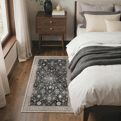 GENIMO 4x6 Area Rugs for Living Room,Machine Washable Non-Slip Vintage Rug, Low Pile Lightweight Carpet for Bedroom, Dining Room, Home Office, Stain & Fade Resistant,Black