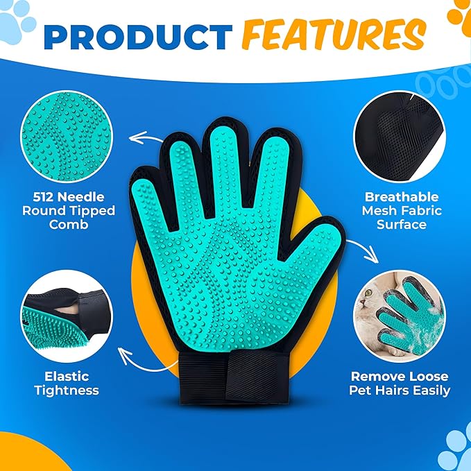 Pet Hair Removal Glove + Hair Brush Set – Dog Grooming Gloves for Shedding, Cat Grooming Brush, Cat Hair Brush – Pet Hair Remover Glove for Dogs & Cats, Dog Shedding Tool for All Coats