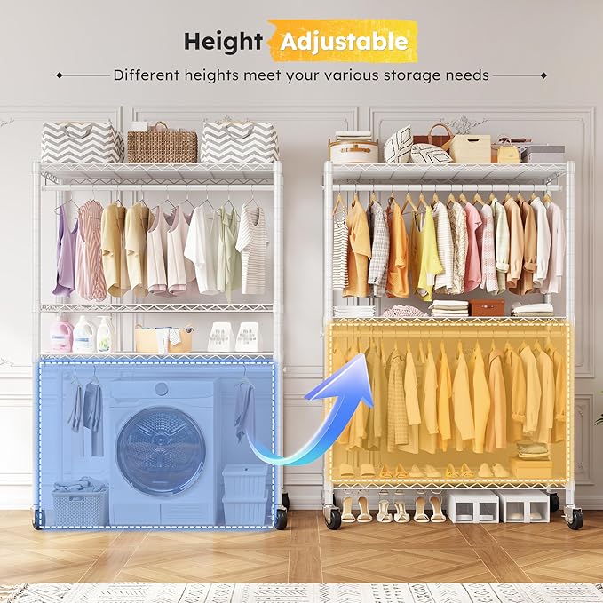 Raybee Heavy Duty Clothes Rack, 81" H Clothing Racks for Hanging Clothes, Clothing Rack with Wheels and Adjustable Feet, Max Load 440LBS, White