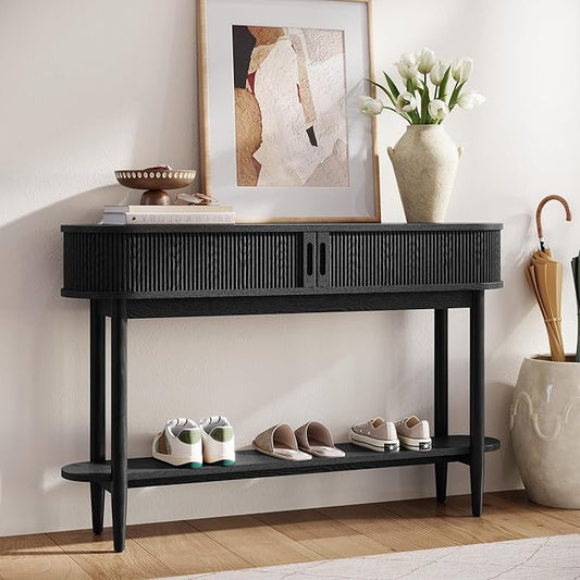 LINSY Fluted Console Table with Storage, Entryway Table Wood Entrance Tables for Front Door, Behind Couch Sofa Table with Shelves, Foyer Tables for Hallways, Living Room (Black)