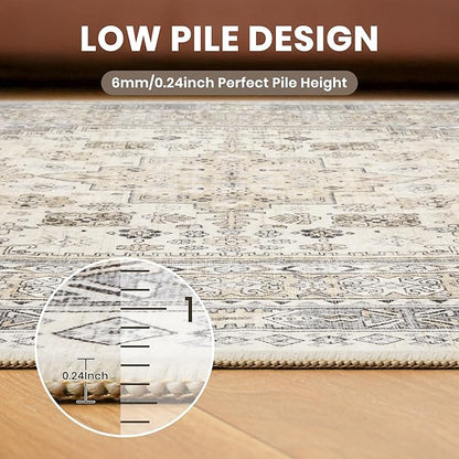 zesthome 8ft Round Rugs for Living Room, Non-Slip Washable Round Area Rugs, Ultra-Thin Large Circle Rugs, Soft Low Pile Rug for Bedroom, Kitchen - Vintage Stain Resistant Round Rug (Beige,8'x8')