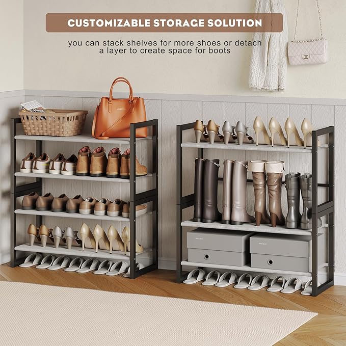 Shoe Rack for Closet & Entryway, Stackable 4-Tier Shoe Organizer, Welded Metal Frame, Semi-Assembled Fast Setup, 11.8" Deep Non-Woven Shelves, Space-Saving Shoe Storage, Black