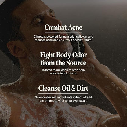Black Wolf Salicylic Acid Body Wash for Men, 1 Liter - Men's Acne Body Wash - Charcoal Helps Reduce Acne Breakouts & Cleanse Your Skin - Full Coverage & Deep Clean Treatment - Men's Bodywash