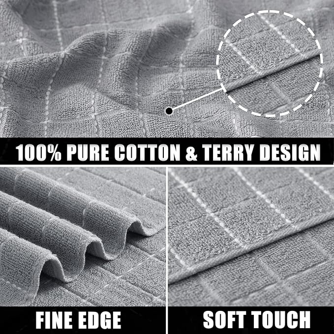 Mordimy 100% Cotton Terry Cloth Dish Cloths, Soft and Absorbent Checkered Dish Towels, Quick Drying Dish Rags for Washing Dishes, 8 Pack, 12 x 12 Inches, Light Grey