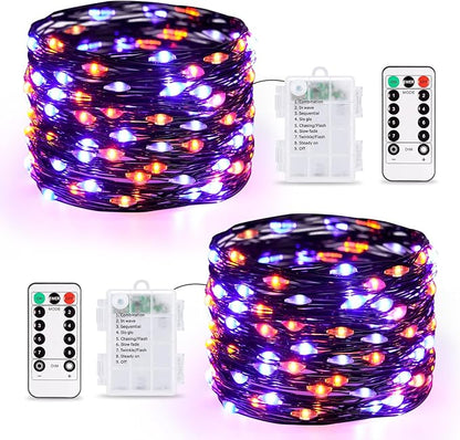 JMEXSUSS 2 Pack Orange and Purple Halloween Lights Battery Operated, Total 200 LED 66ft Halloween Fairy Lights with Remote, 8 Modes Twinkle String Lights for Fireplace Porch Tree Centerpiece Wreath