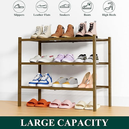 Smiry Shoe Rack, 3 Tier Thick Bamboo Shoe Organizer, Stackable Free Standing Wooden Shoe Storage Shelf for Closet, Entryway, Front Door Entrance, Walnut