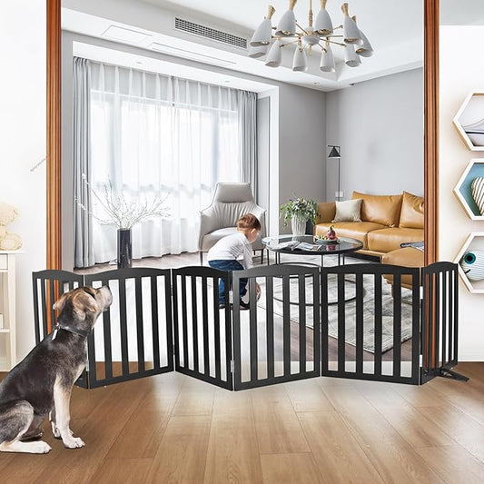 ZJSF Foldable Freestanding Indoor Dog Gate for House Wood White Long Pet Gates Dog Fence for Stairs Puppy Gates for Hallways, Puppy Gate,Support Feet Included, Black, 24 "Height-6 Panels
