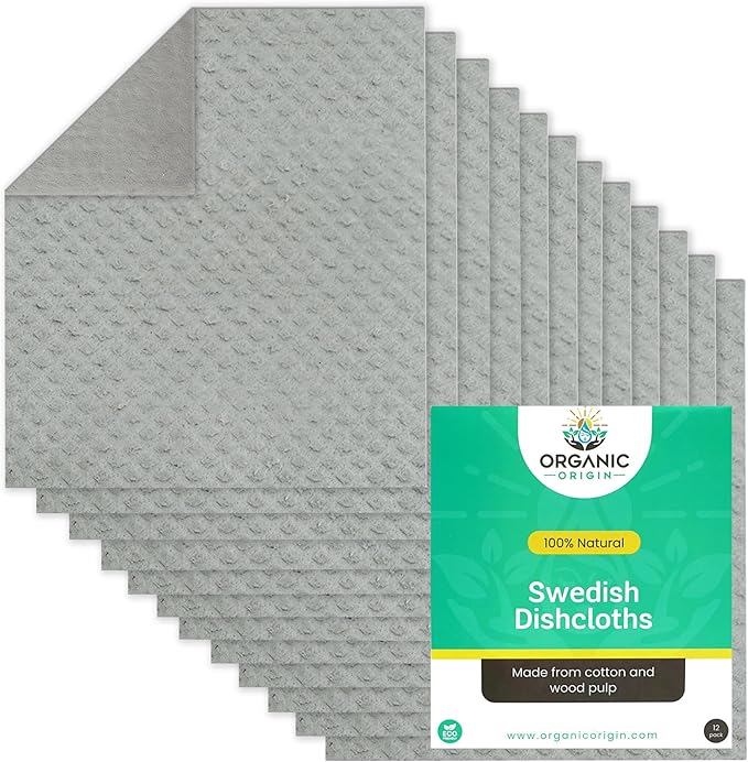 Swedish Dishcloths 12 Pack – Reusable Paper Towels, Cellulose Sponge Cloths, Washable & Super Absorbent Kitchen Dish Cloths, Biodegradable Compostable Paper Towel Alternative – Organic Origin
