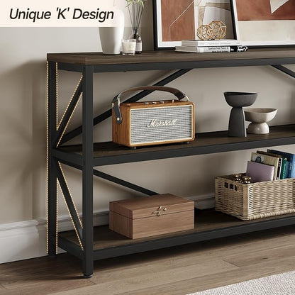 ONBRILL Industrial Console Sofa Table,70.8 Inch Extra Long Entryway Table with 3 Tier Wood Storage Shelf for Living Room, Hallway, Entrance, Narrow Sofa Table with Metal Frame, Black and Brown