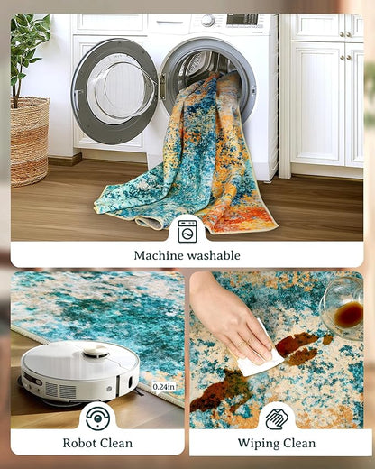 10x12 Area Rug for Living Room - Washable Abstract Rus Modern Neutral Soft Rug for Bedroom Dining Room No Slip Low Pile Carpet for Nursery Home Office - Teal/Orange