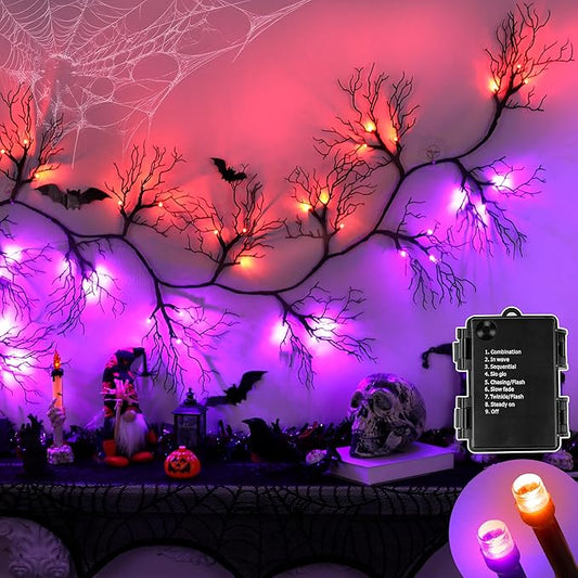 6 FT Halloween Black Garland Willow Vine Twig Decor with Orange & Purple Light, 8 Modes & Timer Battery Operated Waterproof Halloween Decorations Indoor for Mantle Fireplace Home Party Decor