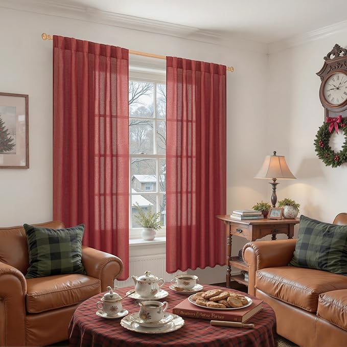 YoungsTex Burgundy Red Linen Curtains for Living Room 72 Inches Long - Light Filtering Drapes with Back Tab Rod Pocket Privacy Semi Sheer for Bedroom Windows, 2 Panels 52 X 72 Inch
