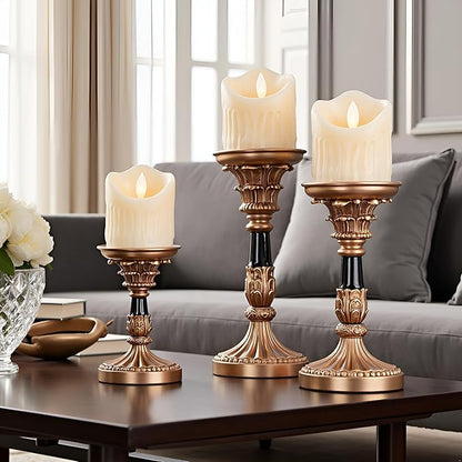 Resin Candle Holder Set of 3 - Christmas Home Decor Column Candle Stands, Vintage Palace Style, Coffee Table Centerpiece, Suitable for Fireplace, Living Room, or Dining Table