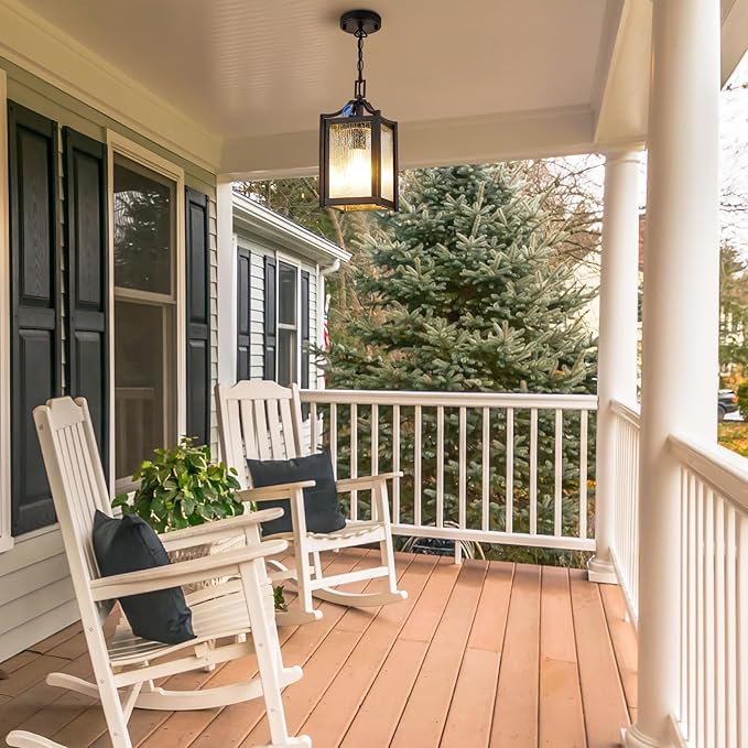 Outdoor Pendant Lights, Dusk to Dawn Modern Outdoor Porch Chandelier Lantern with Sensor, Black Exterior Hanging Porch Light with Raindrop Glass, Adjustable Long Chain, OS-KY1003