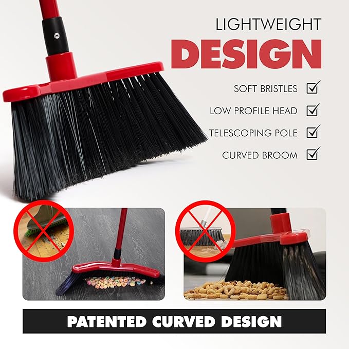 Da Vinci Curved Angle Broom & Dustpan Combo Pack - Heavy Duty Wide Broom for Indoor/Outdoor Sweeping, Steel Telescopic Handle, Durable PVC Bristles, Ideal for Pet Hair, Dust, Kitchen & Rough Surfaces