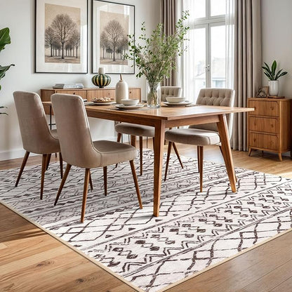 KUTA 5x7 Area Rugs Boho Brown Cream Washable Rug Non-Slip, Ultra Soft Geometric Print Distressed Traditional Moroccan Farmhouse Carpet for Living Room Dining Room Bedroom Dorm Office Home Decor