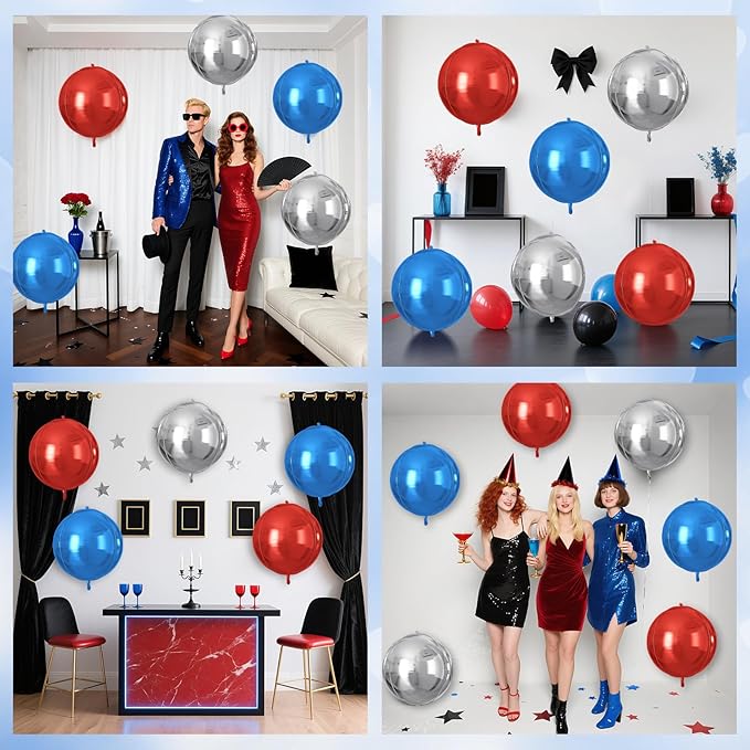 Red Blue Silver Round Foil Balloons 9 pcs,Metallic Giant 4D Round Balloons 22 Inch for Birthday Baby Shower Kids Boys Party Decorations