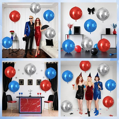 Red Blue Silver Round Foil Balloons 9 pcs,Metallic Giant 4D Round Balloons 22 Inch for Birthday Baby Shower Kids Boys Party Decorations