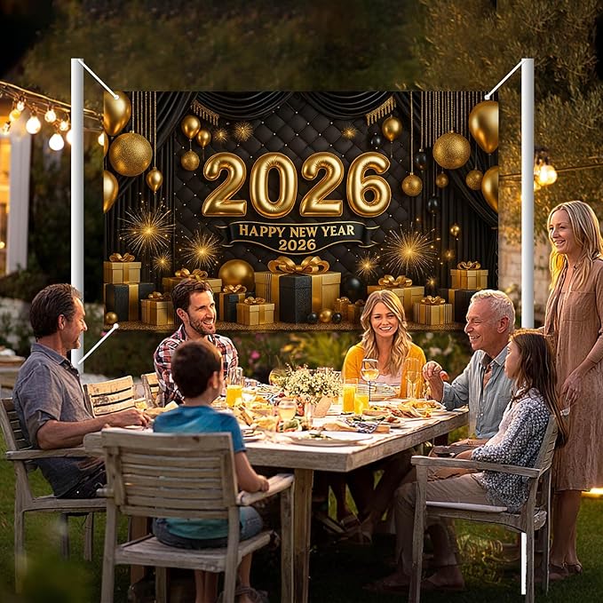Happy New Year 2026 Backdrop Gold Black Balloons Fireworks Gift Boxes Sparkling Party Banner 71x43 Inches New Year Eve Decoration Indoor Outdoor Celebration Photography Background