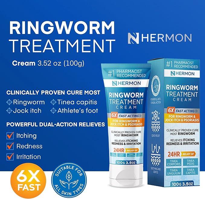 Hermon Powerful Antifungal Ringworm Cream - Effective Treatment for Stubborn Ringworm, Jock Itch, Eczema, Tinea Versicolor, Athlete's Foot - for Adults and Kids - 100ml