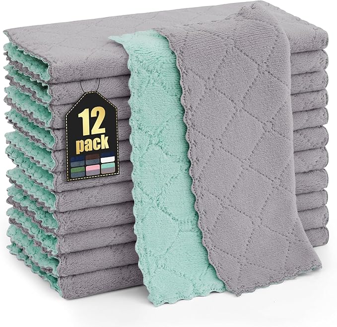 Homaxy 12 Pack Kitchen Cloths Dish Towels (10" x 10", Grey & Green), Super Soft and Absorbent Dish Cloths, Coral Velvet Microfiber Cleaning Cloth, Nonstick Oil Fast Dry Dishcloths