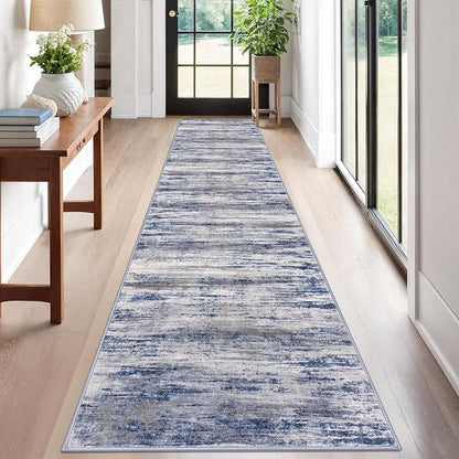 KOZYFLY Modern Abstract Kitchen Runner Rug, 2x12 Washable Rug Runner Non-Slip Soft Striped Hallway Runner Rugs, Grey Blue Print Carpet Runner for Entryway Bathroom Laundry Room Foyer