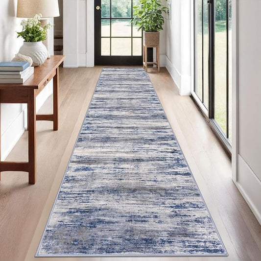 KOZYFLY Modern Abstract Kitchen Runner Rug, 2x12 Washable Rug Runner Non-Slip Soft Striped Hallway Runner Rugs, Grey Blue Print Carpet Runner for Entryway Bathroom Laundry Room Foyer