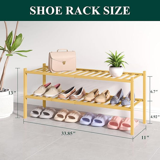 Smiry Bamboo Shoe Rack for Closet, 2 Tier Long Wooden Stackable Shoe Organizer, Free Standing Shoes Storage Shelf for Entryway, Front Door Entrance, Natural