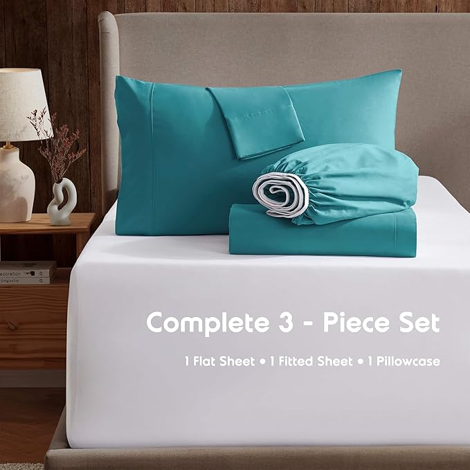 Nestl Twin Sheet Set - 1800 Ultra-Soft Microfiber Twin Bed Sheets - Double Brushed - Deep Pockets - Easy Fit - Extra Soft - 3 Piece Set - Bedding Sheets & Pillowcases (Twin, Teal)