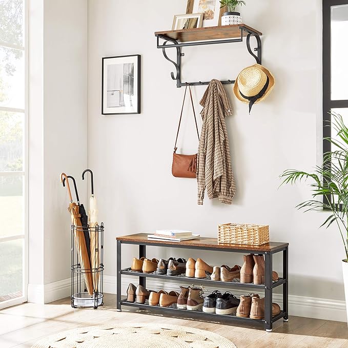 VASAGLE, 3-Tier Shoe Rack, Shelf Storage Bench with Metal Mesh Shelves and Seat, Free Standing Shoe Organizer for Entryway, 11.8 x 39.4 x 17.7 Inches, Rustic Brown and Black ULBS078B01
