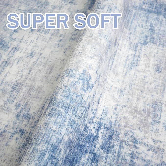 IOHOUZE Abstract Runner Rug 3x12 Ft Washable Runners for Hallways, Non Slip Kitchen Runner Printed Faux Wool Entryway Runner Indoor, Modern Abstract Floor Carpet for Hall Kitchen, Light Blue White