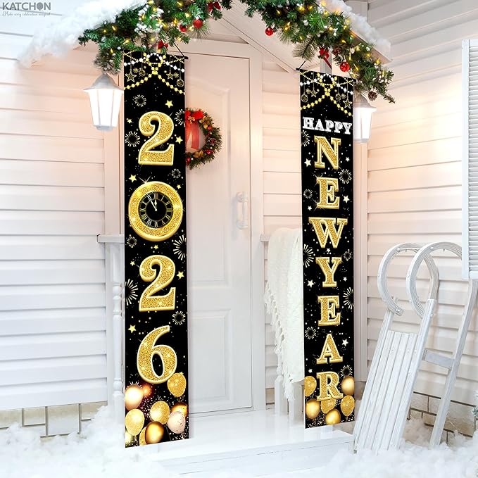 KatchOn XtraLarge 2026 Happy New Year Banner – 72x12 Inch | Black and Gold Happy New Year Door Banner for New Years Decorations 2026 | Porch Banner for New Years Eve Party Supplies 2026 | NYE Decor