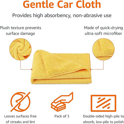 Amazon Basics Microfiber Car Drying Towels (3-Pack), Lint Free, Scratch Free, Highly Absorbent Drying Towel for Cars, 16" x 16", Yellow